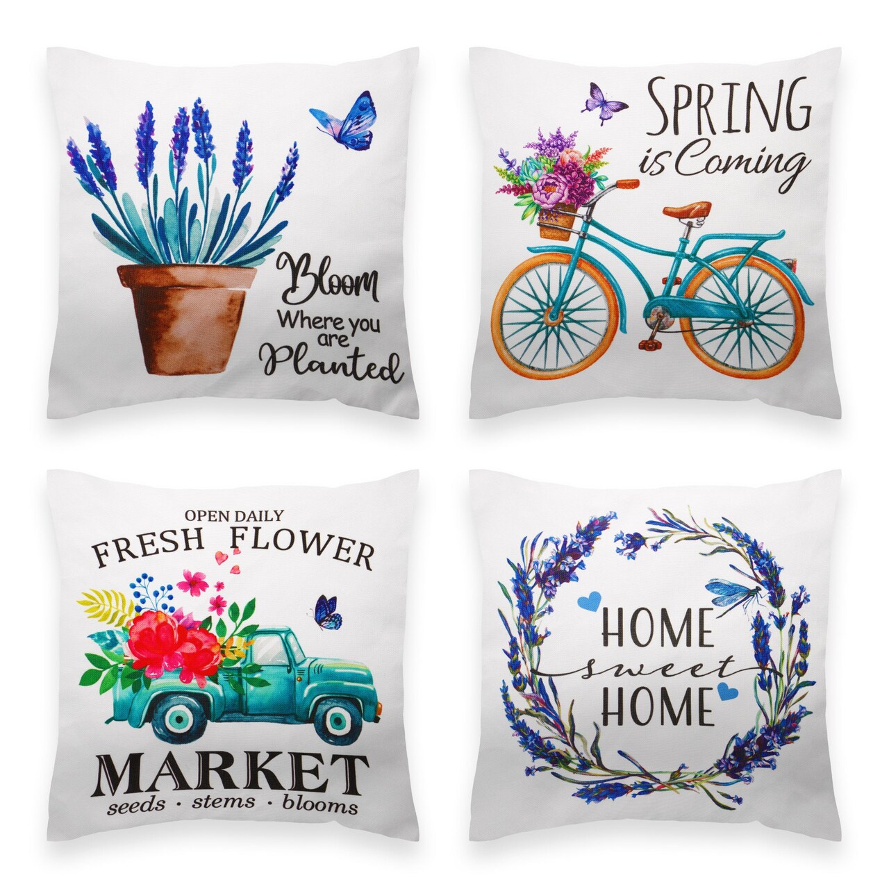 G128 Spring Decoration Farmhouse Flowers Bloom Waterproof Throw Pillow Covers | 18 x 18 in | Set of 4, Beautiful Cushion Covers for Spring Sofa Couch Decoration
